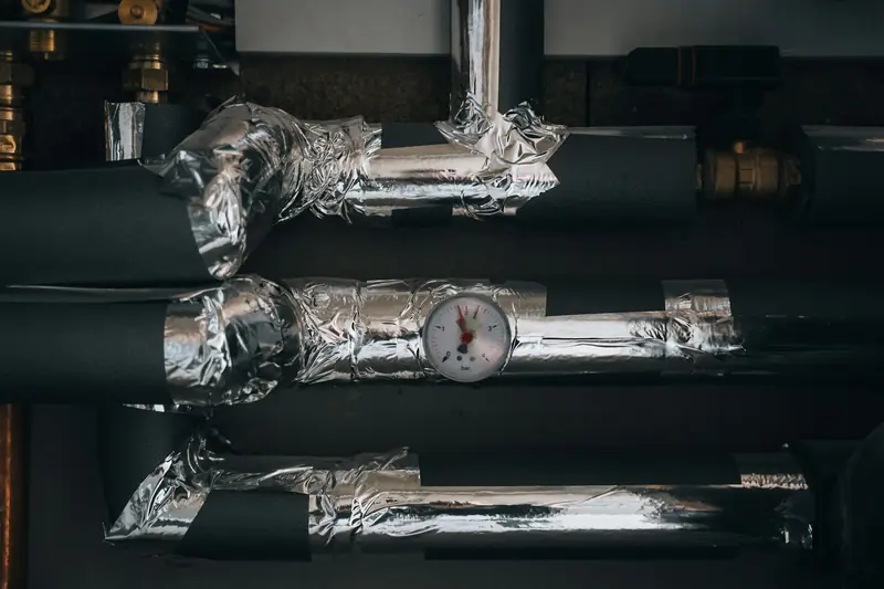 Insulated pipes and a pressure gauge in a mechanical room
